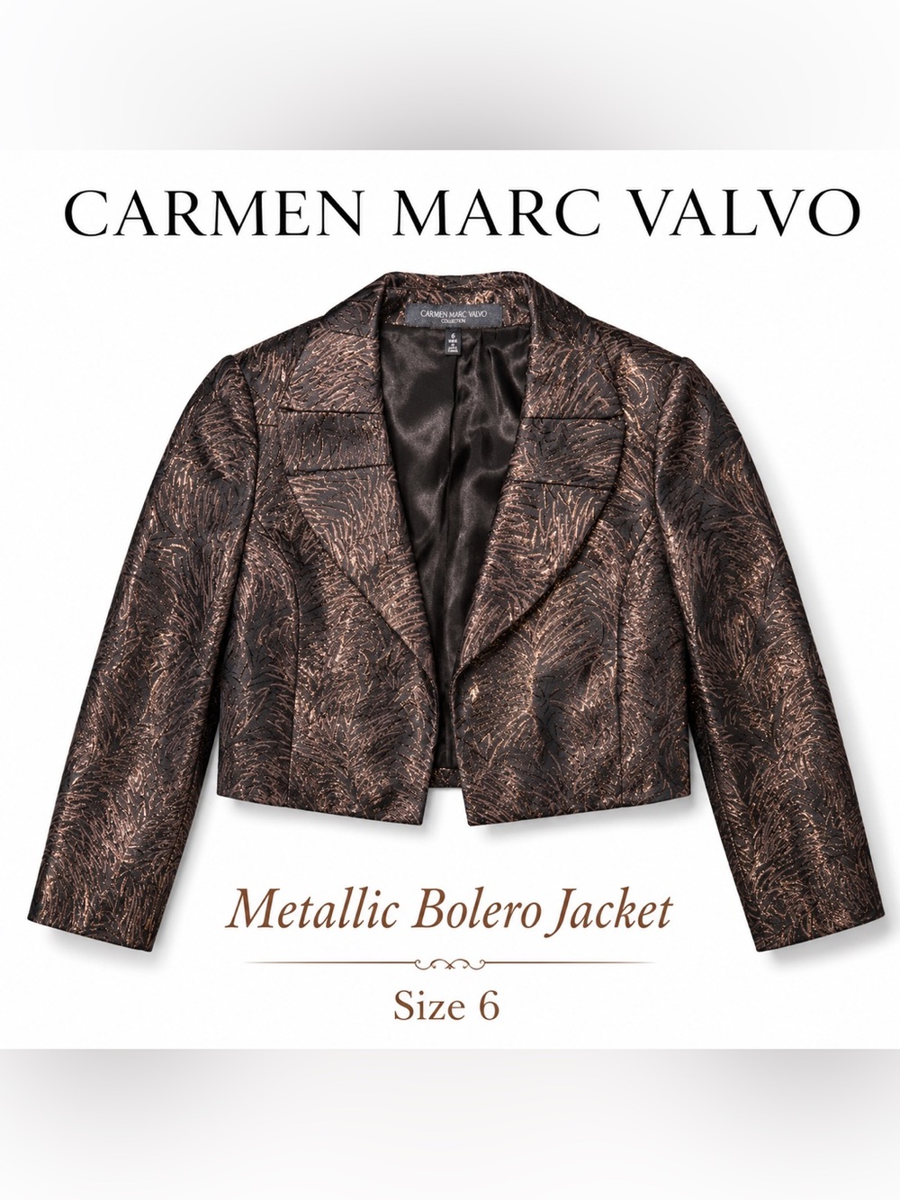 Vintage 90s Carmen Marc Valvo Metallic Brocade Bolero Jacket Size 6